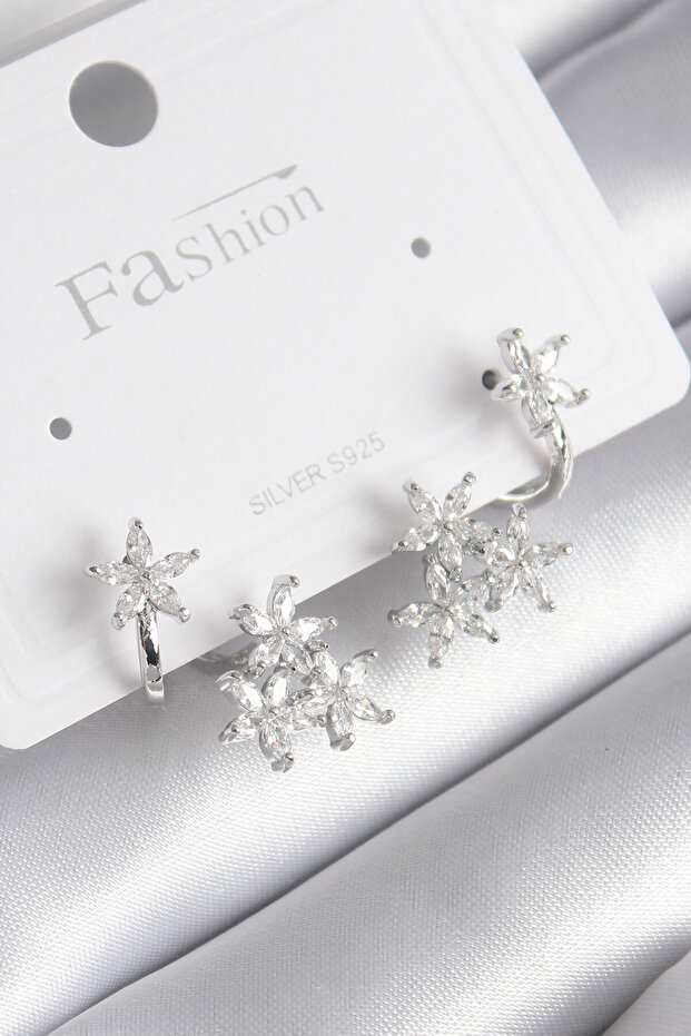 Brass Silver Color Zircon Stone Flower Design Women's Earrings
