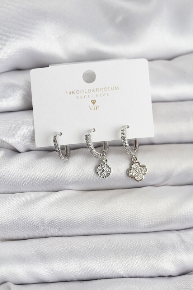 Brass Silver Color Clover Model 3-Piece Women's Earring Set