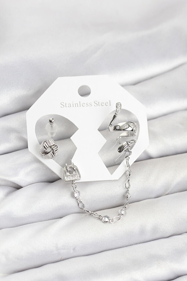 Brass Silver Color Snake Model Chain Linked Ear Cuff Earring Set