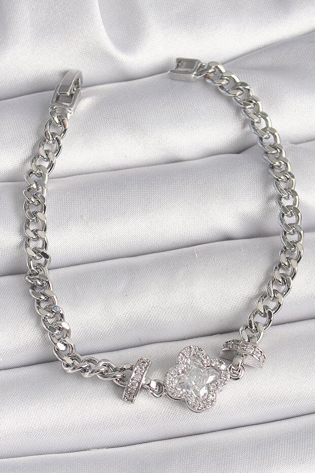 Brass Silver Color Zircon Stone Clover Figure Chain Model Women's Bracelet