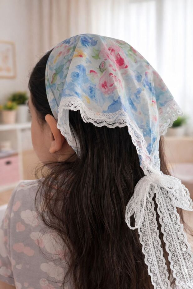 Patterned Fabric Bohemian Crown Bandana with Hanging Guipure Detail