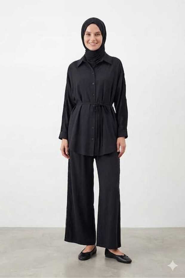 Women's Belted Shirt and Pants Set with Lace Stripe Detail on the Sleeves and Sides