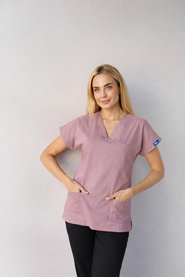 Top Dusty Rose Bottom Black Lycra Nurse Doctor Uniform Unisex Surgical Suit Mitra Set Scrubs Uniform