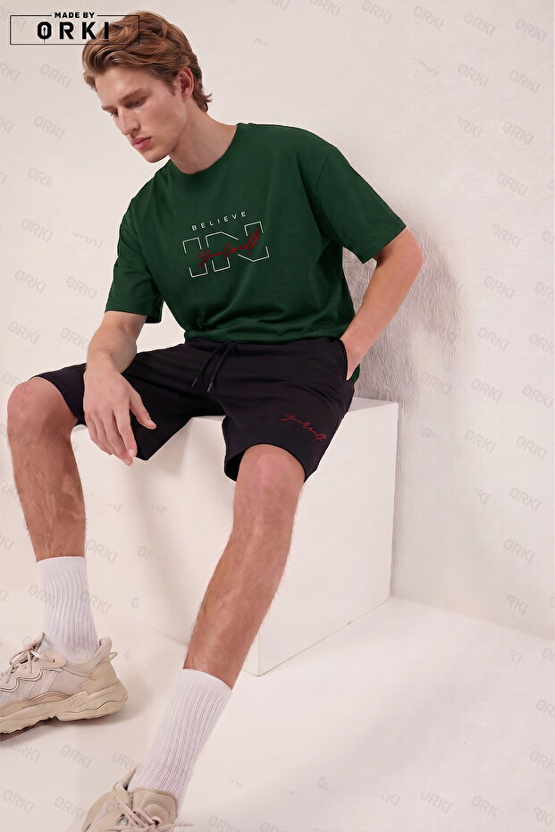 Men's Believe Yourself Printed Oversize Forest Green T-Shirt & Black Shorts Set – Premium Basic