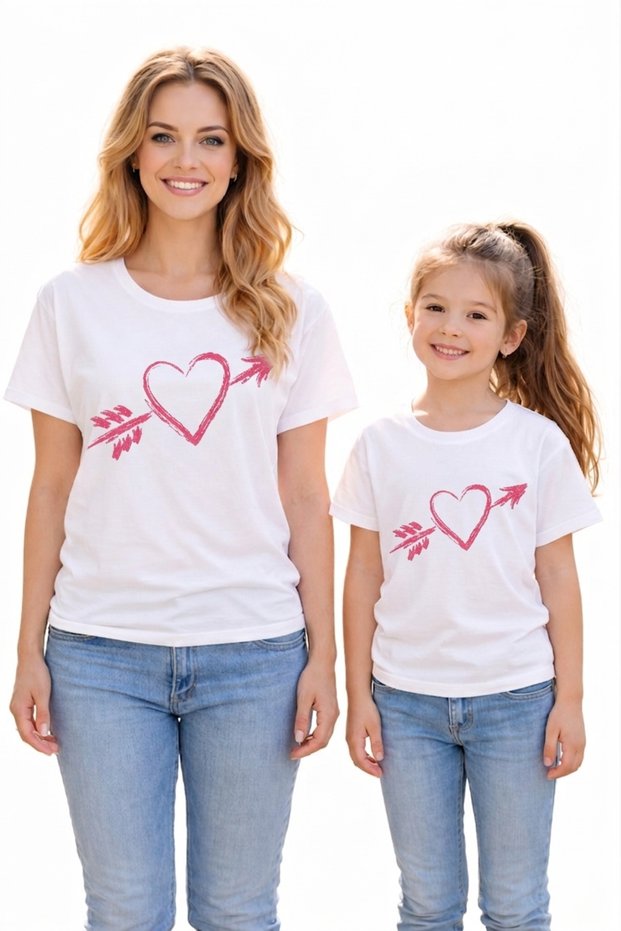 Mother Daughter Combination Oversize T-Shirt Twin T-Shirt Mother Child Heart with Arrow Printed (Sold as a Single Item)