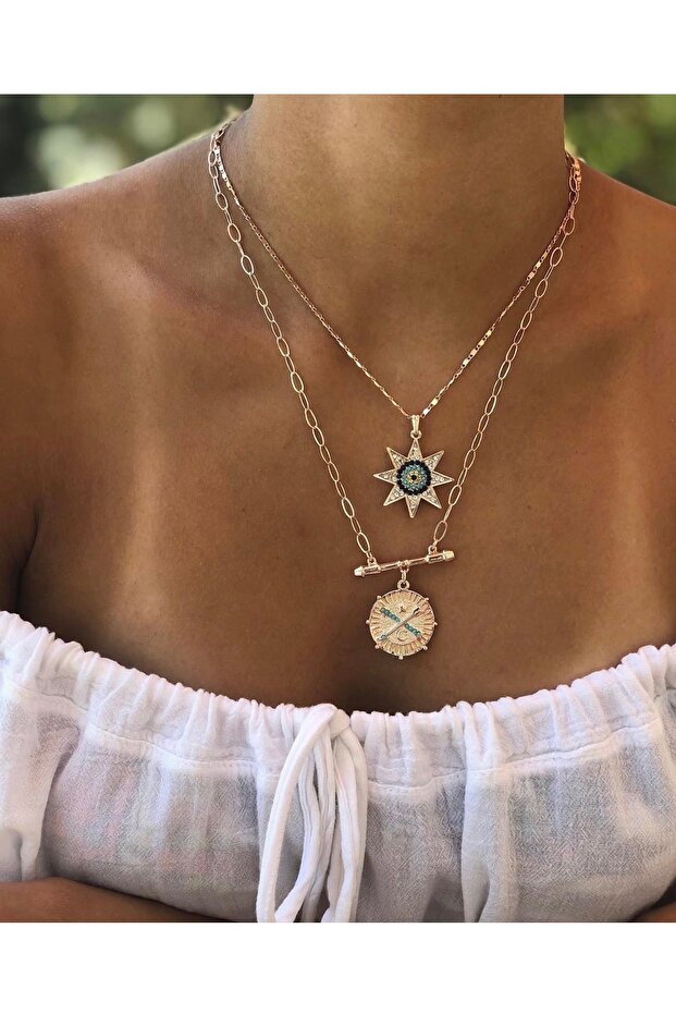 Zircon stone evil eye beaded long star necklace and gold design necklace set.