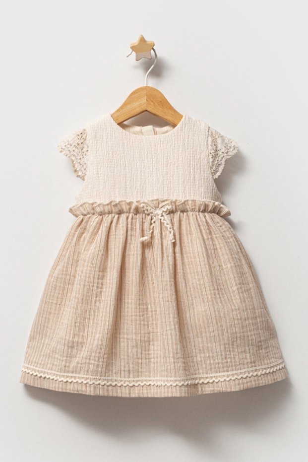 Baby Girl Rope Ribbon Detailed Short Sleeve Dress 100% Cotton