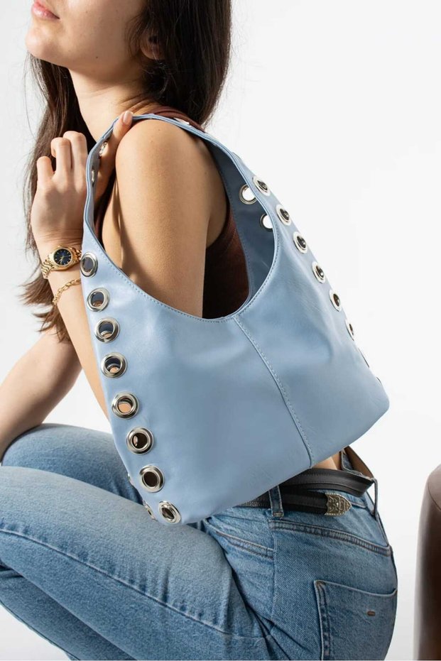 Daily Stylish Design Metal Ring Detail Soft Leather Look Women's Hand and Shoulder Bag Baby Blue