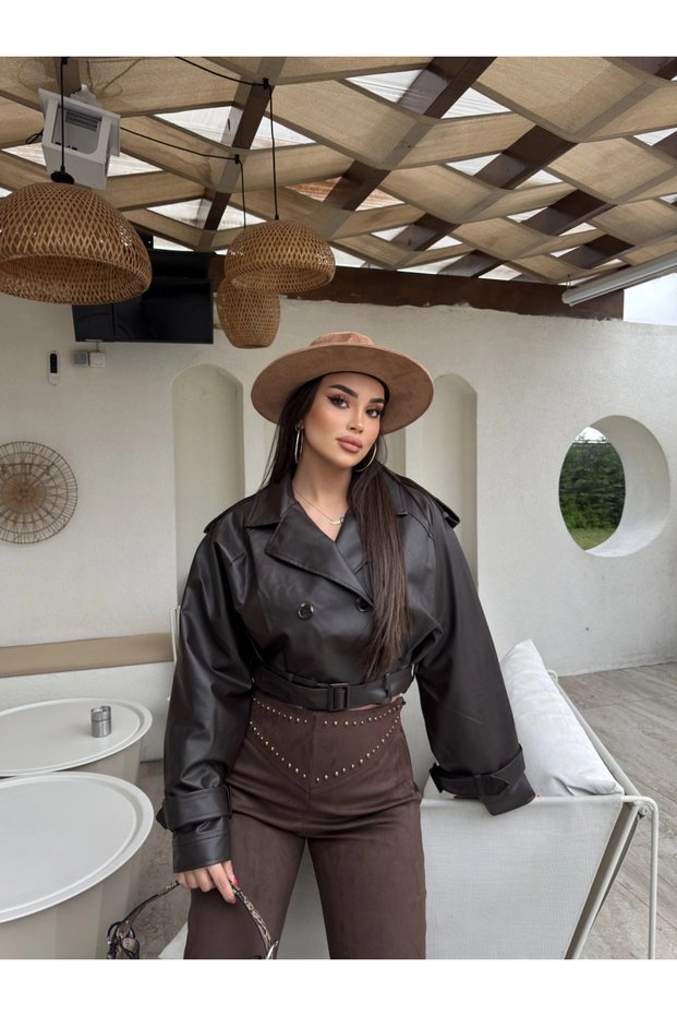 Women's Leather Jacket with Buttons and Belt, Stylish Casual Biker Coat