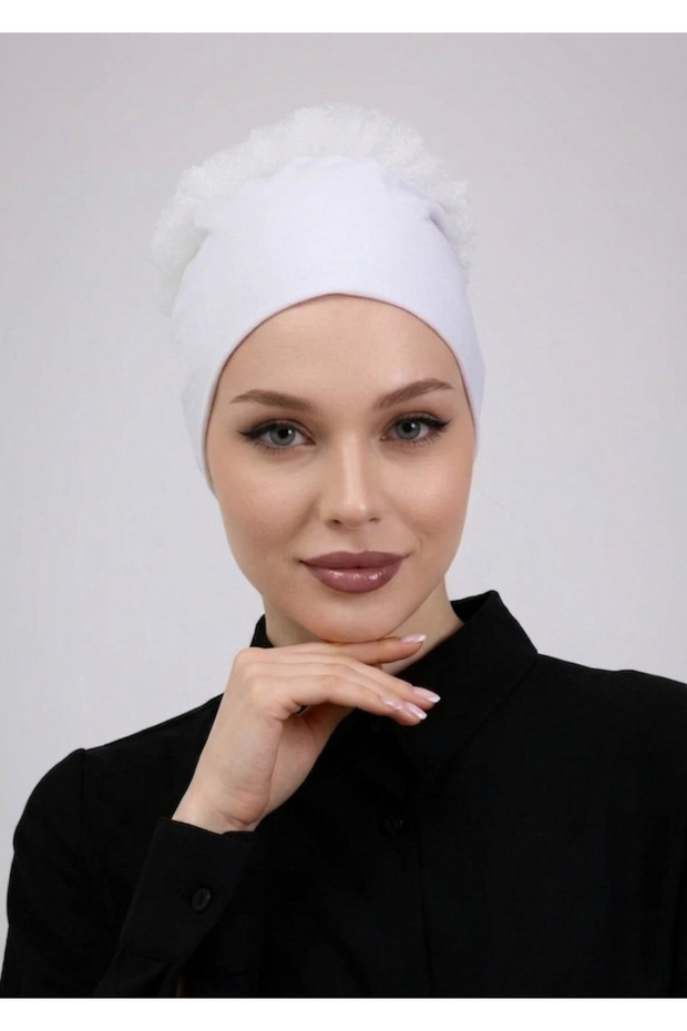 Ruffled Seamless Combed Cotton Bonnet Ecru - Women's Hijab Tie-On Bun Inner Bonnet
