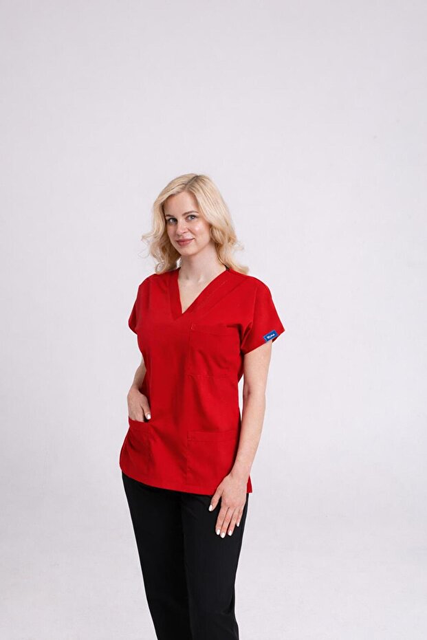 Top Red Bottom Black Lycra Nurse Doctor Uniform Unisex Surgical Suit Mitra Set Scrubs Uniform