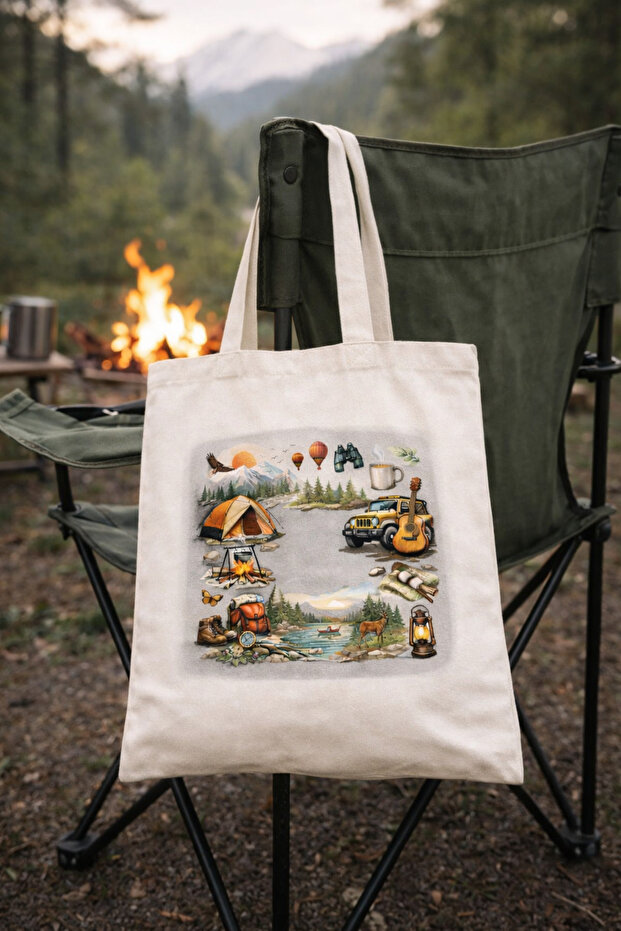 Camping Themed Raw Cloth Bag, Shoulder Bag, Shopping Cloth Bag, Sublimation Printed Cloth Bag