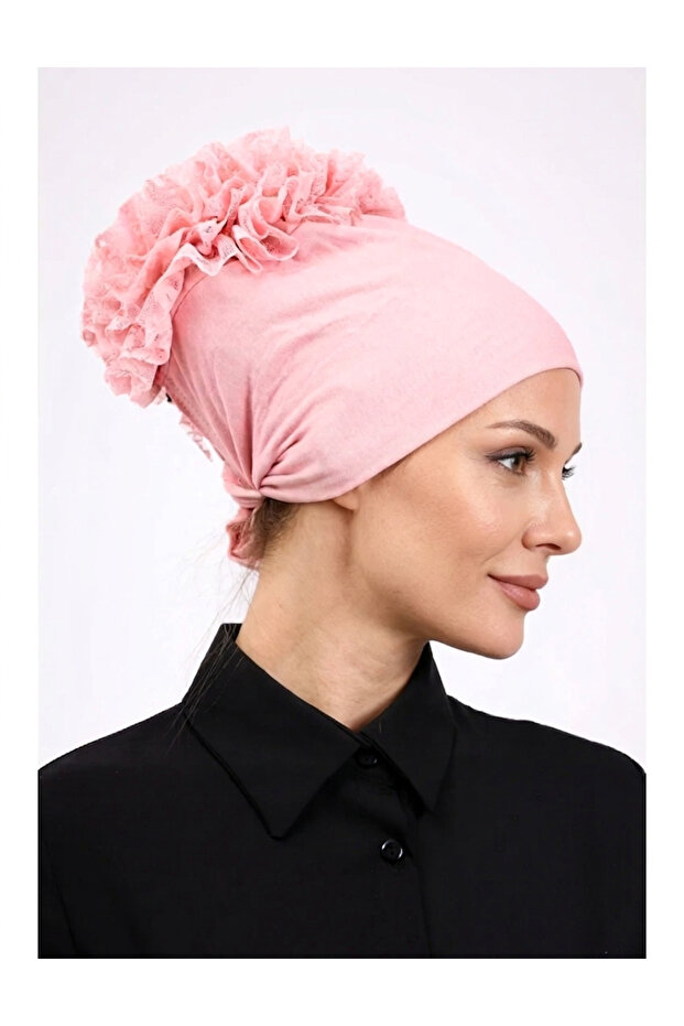 Ruffled Seamless Combed Cotton Bonnet Pink - Women's Hijab Tie-On Bun Inner Bonnet