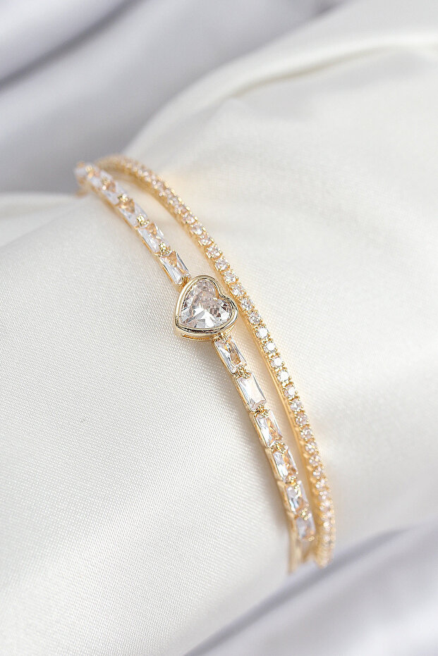 Brass Zircon Stone Heart Model Gold Color Women's Bracelet