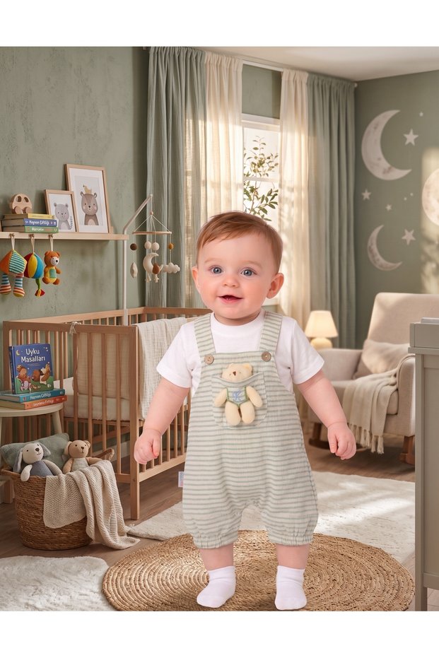 Baby Salopet Striped Gardener Overalls Linen with White T-Shirt and Teddy Bear Accessory