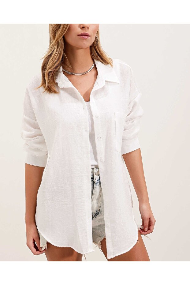 20153 Single Pocketed Oversized Linen Shirt - White