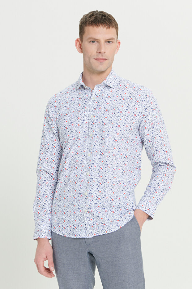 Men's White-Navy Blue Cotton Slim Fit Small Italian Collar Printed Shirt