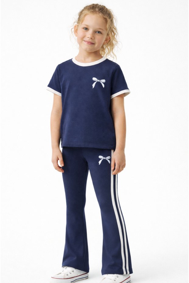 Striped Navy Blue Ribbon Spanish Style High-Waisted Leggings & Embellished T-Shirt Girls' Set (2-9 Years)