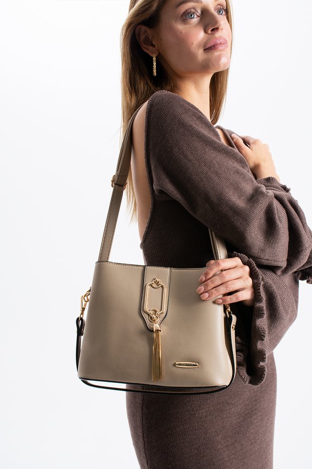 Sanmorris Quality Gold Accessory Detailed 3-Compartment Shoulder and Crossbody Bag (Height 19 cm Width: 23 cm)