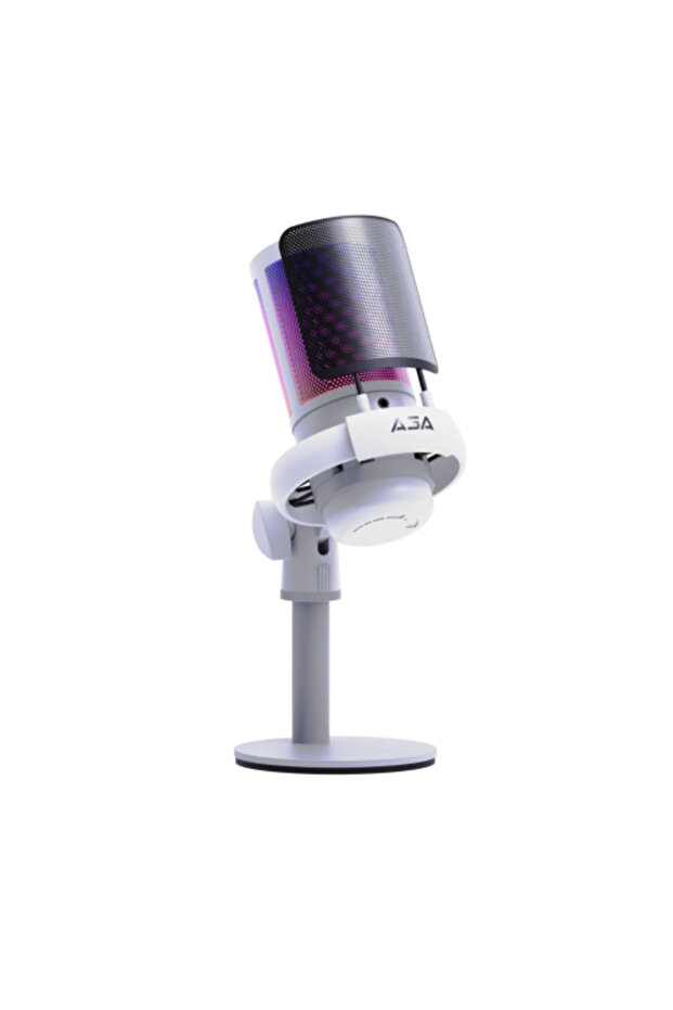 ميكروفون USB من Mic Squad Cast - أبيض، إضاءة RGB، تقليل الضوضاء، بث احترافي