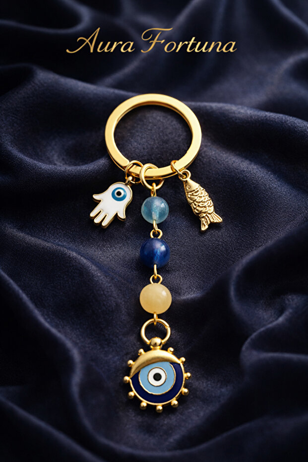 Aura Fortuna Evil Eye Talisman with Natural Stone - Hamsa - Fish Figured Keychain Bag Ornament