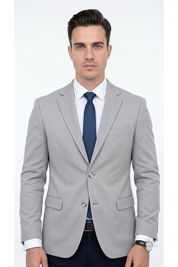 Slim Fit Micro Patterned Men's Jacket Summer Pique Fabric Double Slit Blazer
