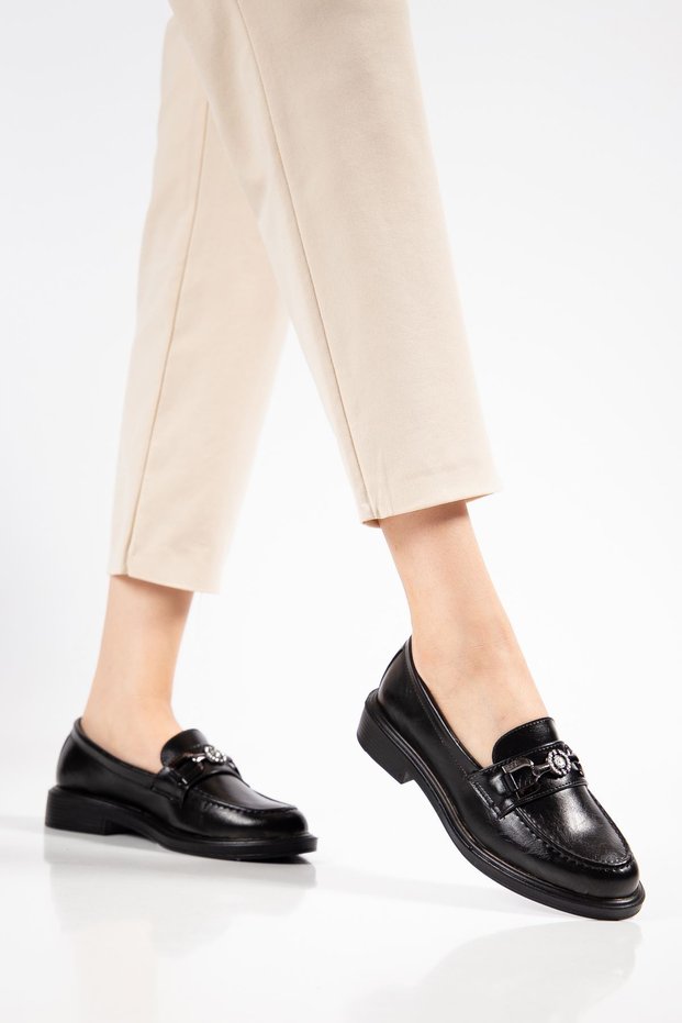 Mabel Black Patent Leather Buckle Detail Women's Loafer Shoes