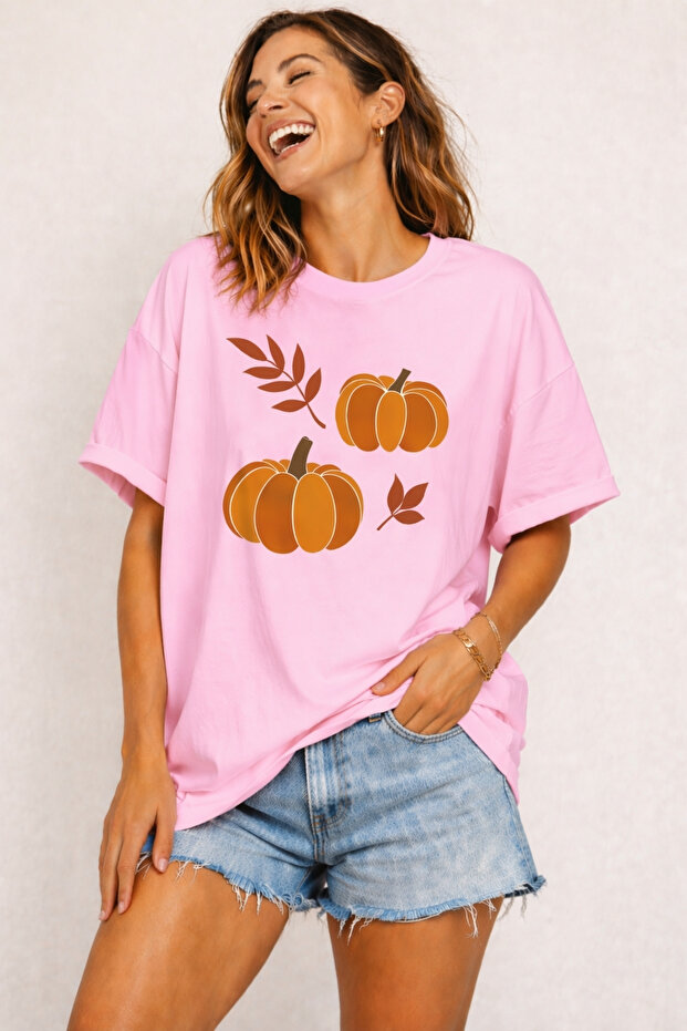 Pumpkin Patterned Autumn Themed Unisex Oversize T-Shirt – Cotton Crew Neck Casual T-Shirt