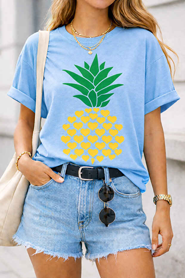 Heart Patterned Pineapple Printed Unisex Oversize T-Shirt – Cotton Crew Neck Casual T-Shirt