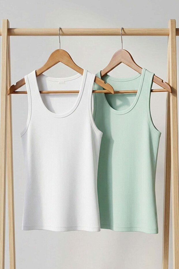 2 Pieces of Ribbed Fitted Viscose Blended Strappy T-Shirt