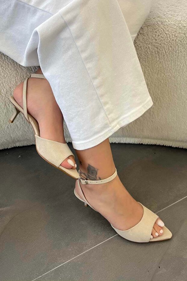 Gemma Women's Ankle Strap Suede Heeled Shoes Beige