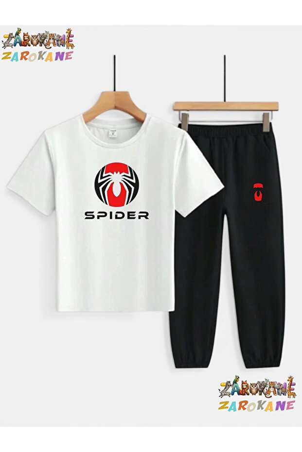 Spider Visual Printed Top-Bottom Tracksuit/T-Shirt Two-Piece Children's Set (Pocketed Tracksuit Pants)