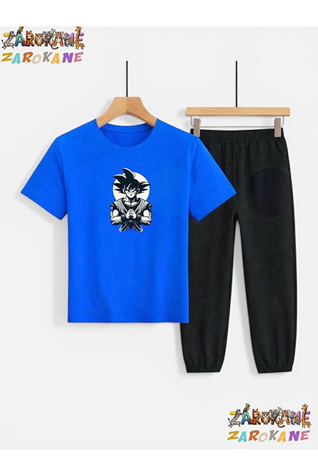 Samuray Printed Top-Bottom Tracksuit/T-Shirt Two-Piece Children's Set (Pocketed Tracksuit Pants)