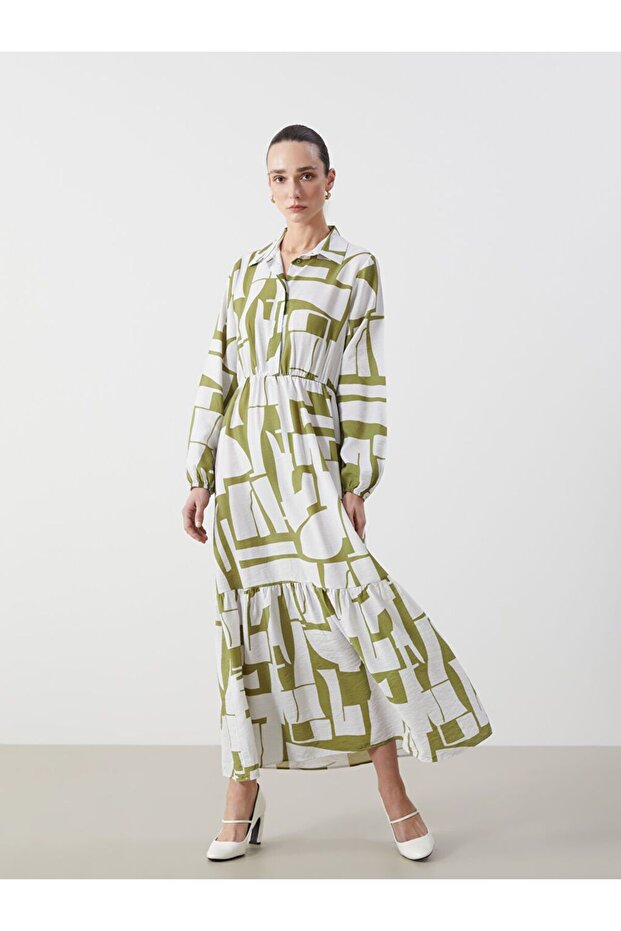 Lcwaikiki Classic Patterned Flounce Women's Long Dress
