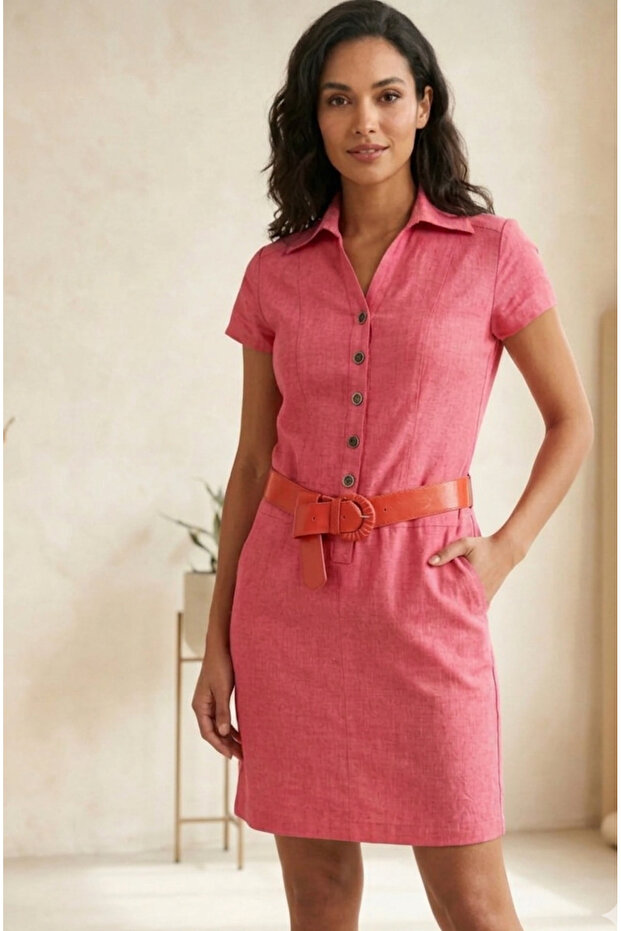 Dar Cut-Out Shirt Collar Short Linen Dress