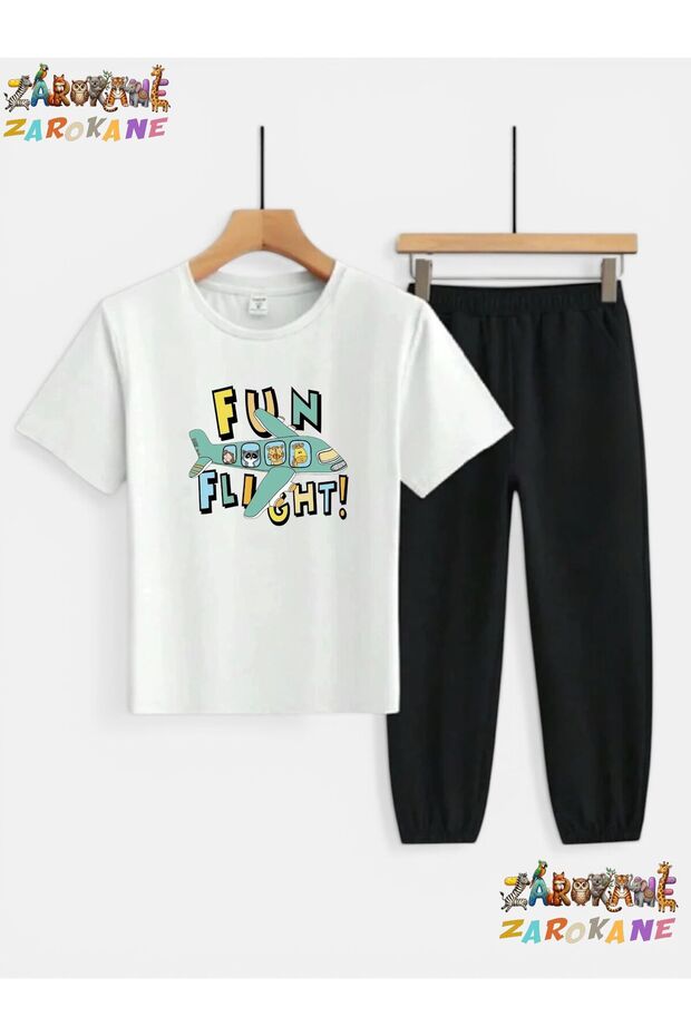 Plane and Animal Printed Sweatpants/T-Shirt Two-Piece Children's Set (Sweatpants with Pockets)