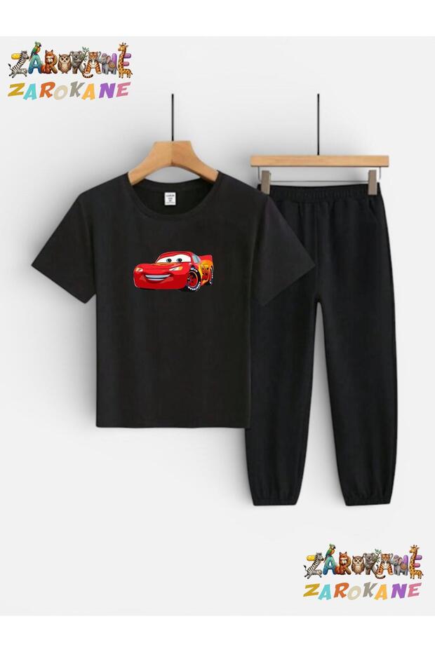 Şi̇mşek Arababaskili Top-Bottom Tracksuit/T-Shirt Two-Piece Children's Set (Tracksuit Pants with Pockets)