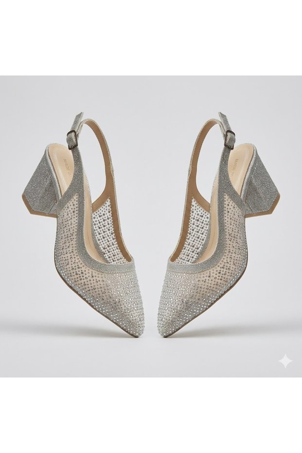 (Özmaçan) Women's Evening Dress Shoes with Drop Stone Detail, Closed Toe, Thick Heels, Gray