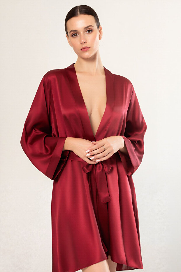 Burgundy Satin Dressing Gown – Soft Textured & Comfortable Design