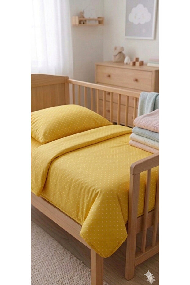 Cotton Ranforce Fabric Baby Elastic Sheet and Pillowcase Duvet Cover Set 70X120 Yellow Polka Dot