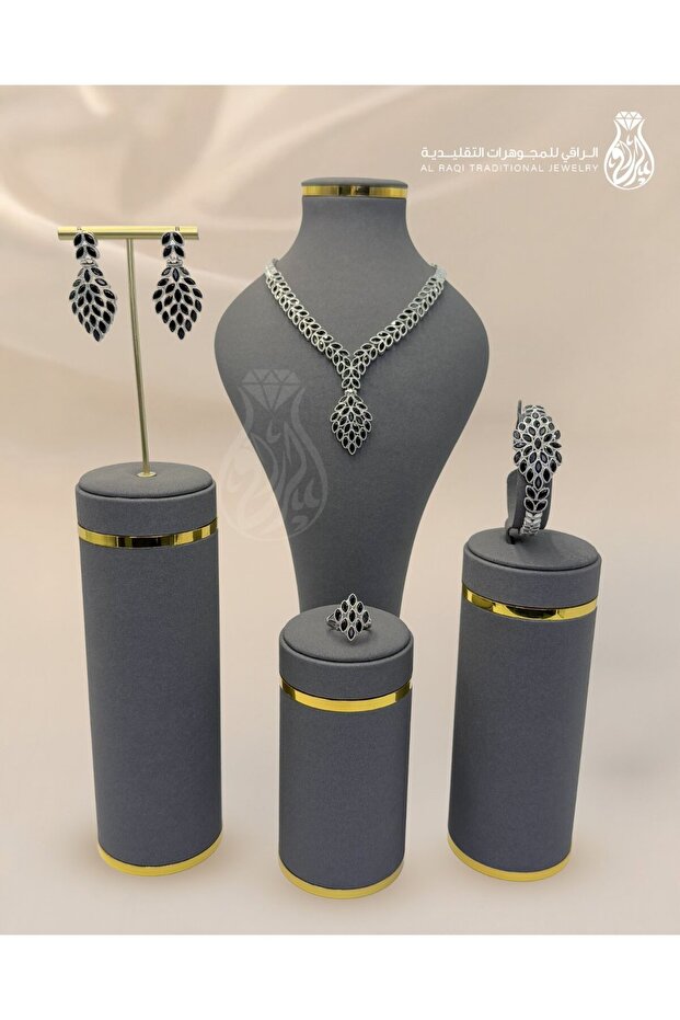 Zircon Set Silver Set with Black Zircon Leaf Design
