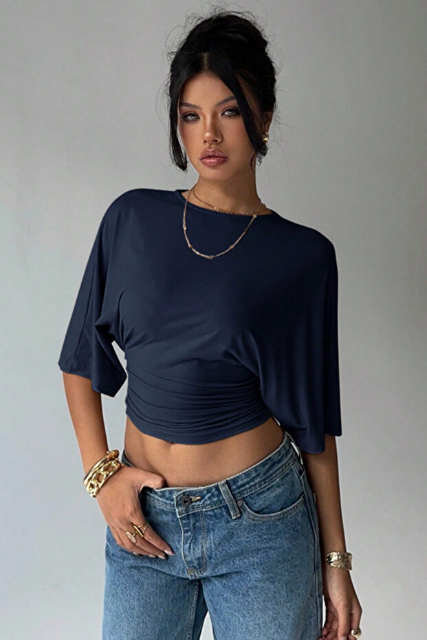 Waist-Fitted Wide-Sleeved Navy Blue Blouse
