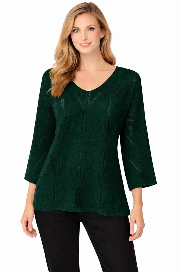 V-Neck Openwork Patterned Italian Mercerized Bluz Sweater