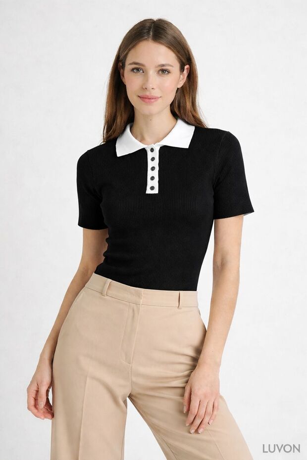 Black Short Sleeve Polo Collar Buttoned Slim Women's Knitwear T-Shirt Sweater