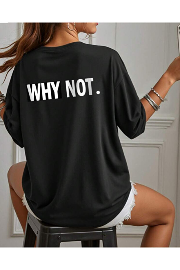 تيشيرت أسود للجنسين بأكمام قصيرة وياقة دائرية مطبوعة من WHY NOT