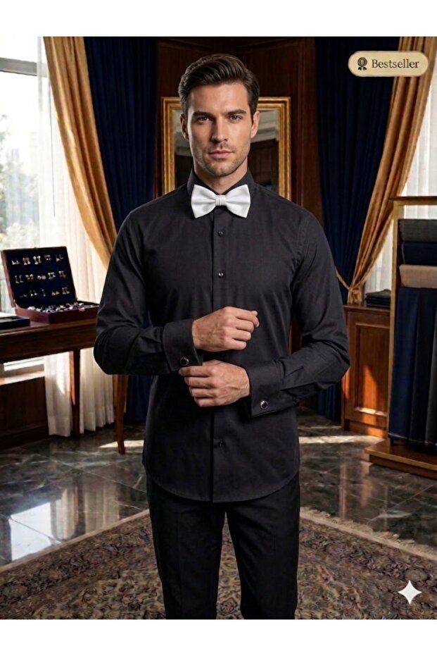Ars Ata Collar Black Buttoned Slim Fit Cotton Men's Bridal Suit & Tuxedo Shirt - Special Design with Cuffs