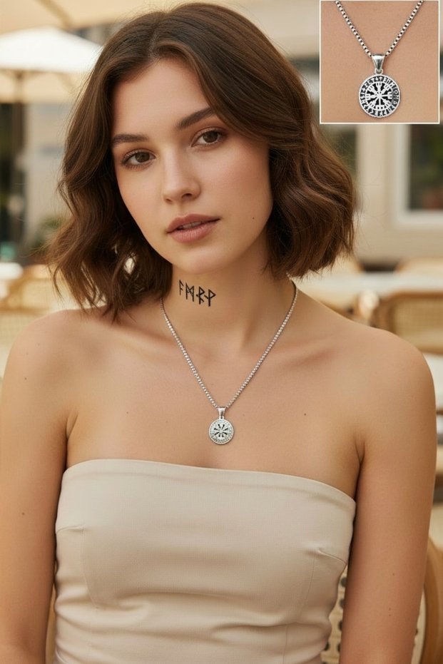 Zet Style Vegvisir Rune Necklace–Viking Compass Mystic Rune Written Steel Necklace (Spiritual Talisman)