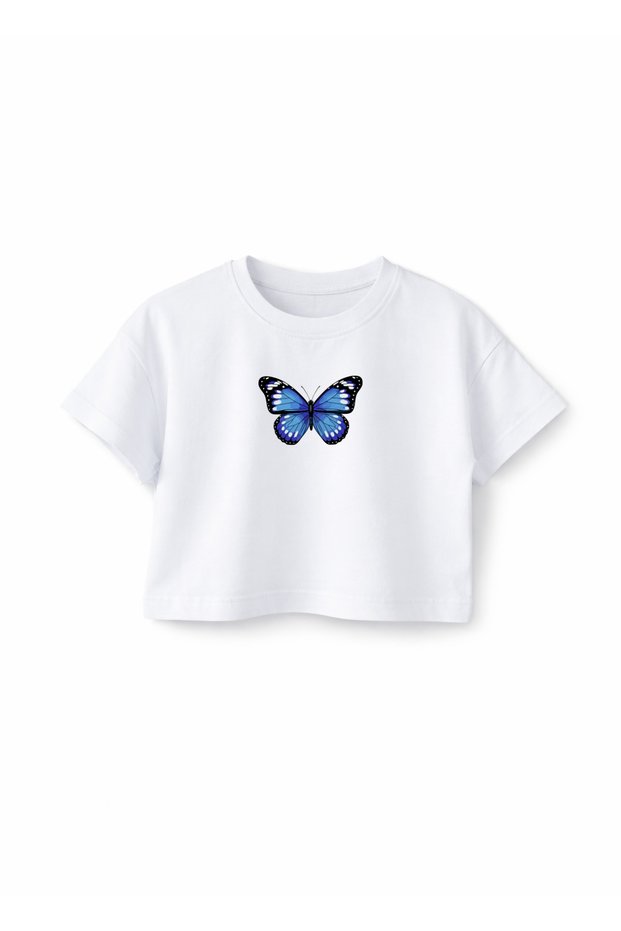 Printed Girls' White Cotton Crew Neck Oversize Drop Shoulder Basic Crop (Ages 7-14)