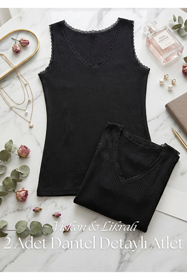 Women's 2-Piece Lace Detailed Viscose Lycra Undershirt - V-Neck Ribbed Camisole Undershirt
