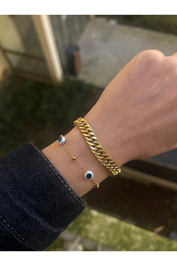 Evil Eye Bead Detail and Double Layered Stainless Steel Bracelet Set